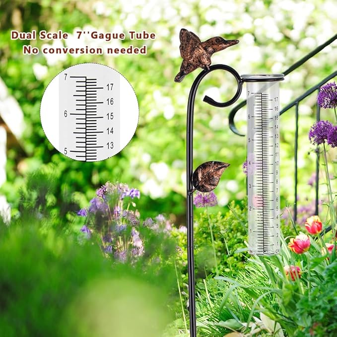 Hummingbird Rain Gauge Outdoor, Metal Rain Gauge with 7-Inch Glass Tube, Decorative Rain Water Gauge for Garden, Yard, Lawn
