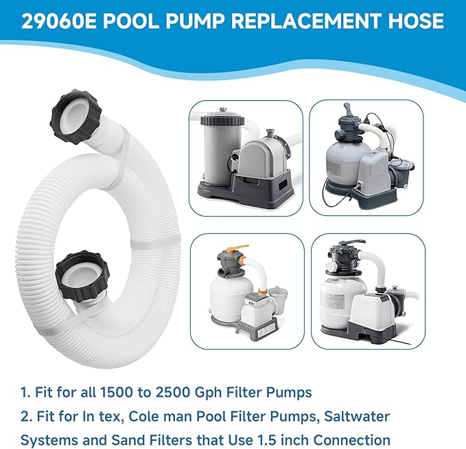 1.5" Pool Pump Hose for Intex Sand Filter Pumps & Saltwater Systems 29060E Pool Filter Hose for Intex & Coleman Above Ground Pools Parts 59" Long replacement hoses with 4 Washers, 2 Pack (1)