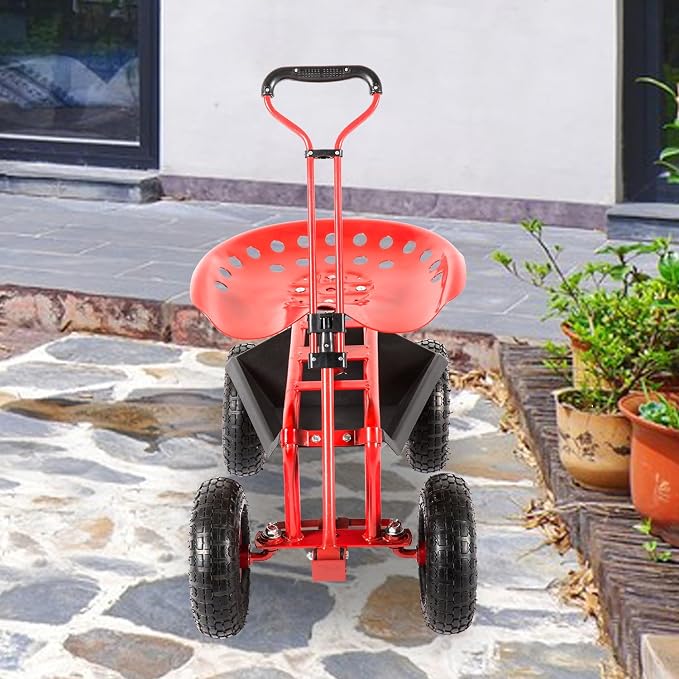 Garden Cart Rolling Work Seat 4-Wheel Mobile Patio Wagon Scooter for Planting, Adjustable Handle 360 Degree Swivel Seat, Red