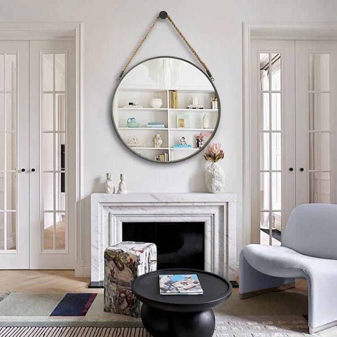 POZINO Round Mirror with Rope, 30 Inch Large Circle Hanging Mirror with Grey Metal Frame, Farmhouse Decorative Mirror for Bathroom Bedroom Living Room Entryway Fireplace