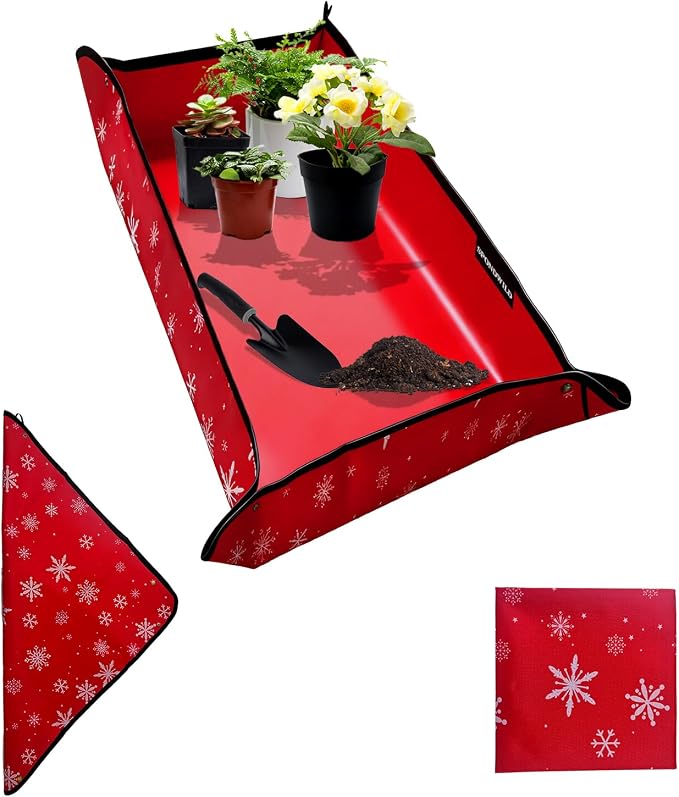 Plant Transplanting Mat - Thickened Waterproof Potting Mat, Succulent Gardening Mat, Portable Repotting Mat for Mess Control, Indoor Outdoor Use (PVC-Red Snowflake 43.5 x 29.5)