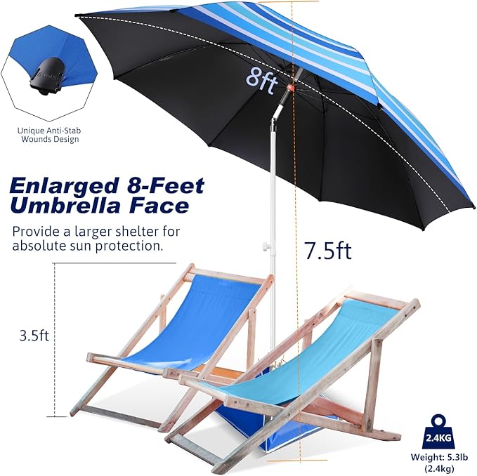 Fisqueen 8FT Large Beach Umbrella with Level 7 Wind Resistance Sand Anchor Sand Bag, Portable Outdoor Umbrella with UPF50+ UV Protection, Tilt Sun Shelter for Beach, Patio, Yard