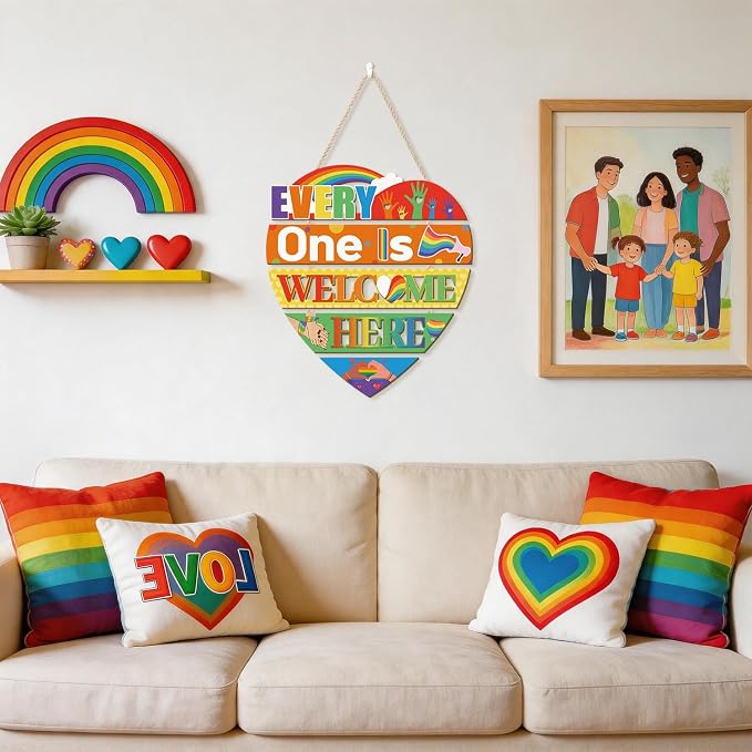 HOURIA Everyone is Welcome Here Pride Wood Sign(11.4"x11.7"),LGBTQ Rainbow Sign Front Door Decoration,Heart-Shaped Layers Wooden Plaques Colorful Welcome Wall Decor for Classroom Office Home