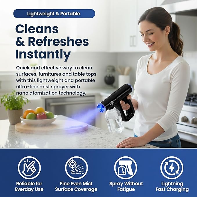 Professional K12 Nano Spray Gun with Blue Light, Atomizer Sprayer & Nano Steam Hair Mister Spray Bottle, Cordless & Rechargeable Barber Spray Gun, Home, Salon, Office & Travel Fine Mist Spray, Black