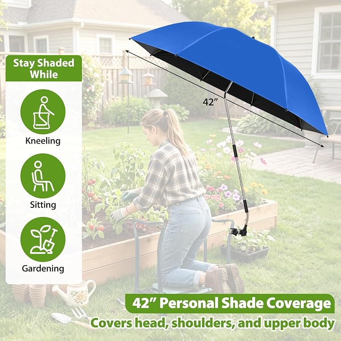 Garden Kneeler Umbrella,42” Large Chair Umbrella with Universal Clamp, 360°Swivel and UPF 50+ Protection,Folding Clip on Umbrellas for Garden Seat Bench Beach Chairs Strollers Golf Carts, NO KNEELER