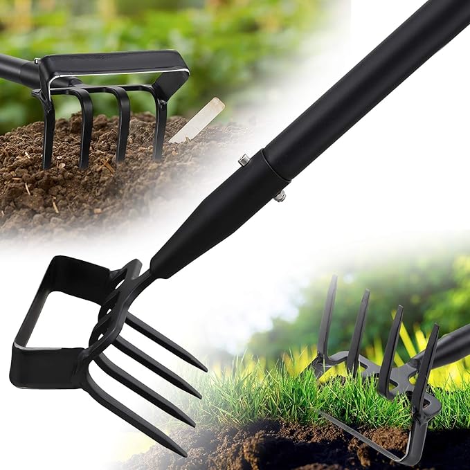 Garden Hoe With Rake, 2-In-1 Stirrup Hoe with 4-Tine Cultivator,Heavy Duty 82 Inch Long Handle Scuffle Loop Hoe For Fast Weeding, Soil Loosening ,Flower Beds, Vegetable Rows, Raised Beds