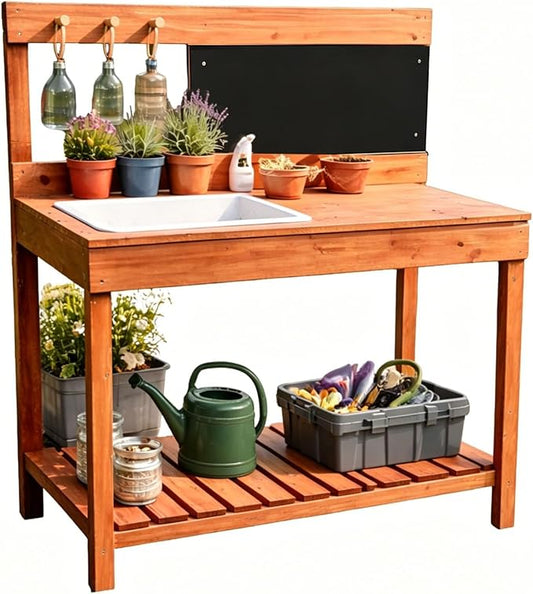 Wooden Potting Bench with Chalkboard, Removable Basin, Storage Shelf and Hooks, Outdoor Garden Work Table,Educational Gardening Tools, Natural Wood Finish (Paint Red)