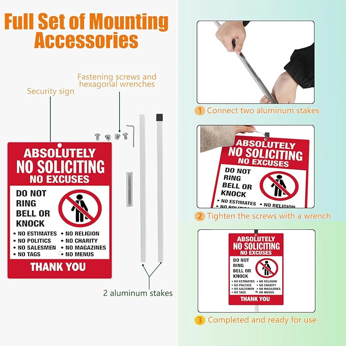 No Soliciting Sign for House Yard Sign With Stakes No Solicitors Do Not Ring Bell Reflective Aluminum Yard Signs Rust Free For Lawn Garden Neighborhood ((8x12) IN