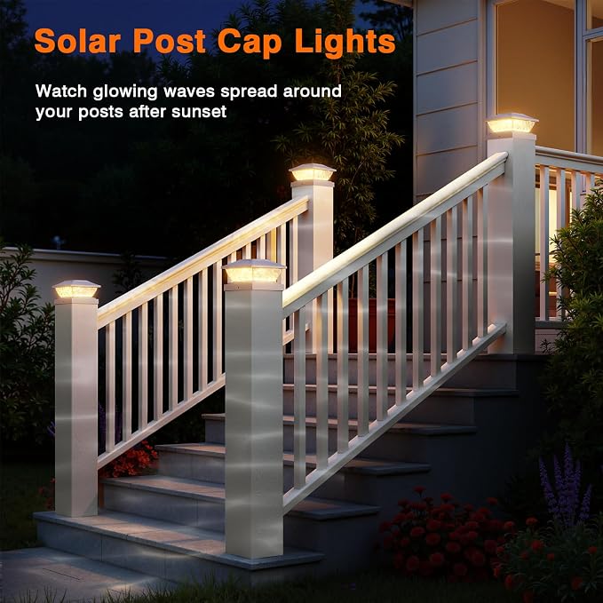 4 Pack Solar Post Cap Lights, 2 Modes Bright Solar Post Lights Outdoor Waterproof, Outdoor Post Lights Solar Powered Deck Lights for 4x4 4.5x4.5 5x5 Posts for Garden Decor