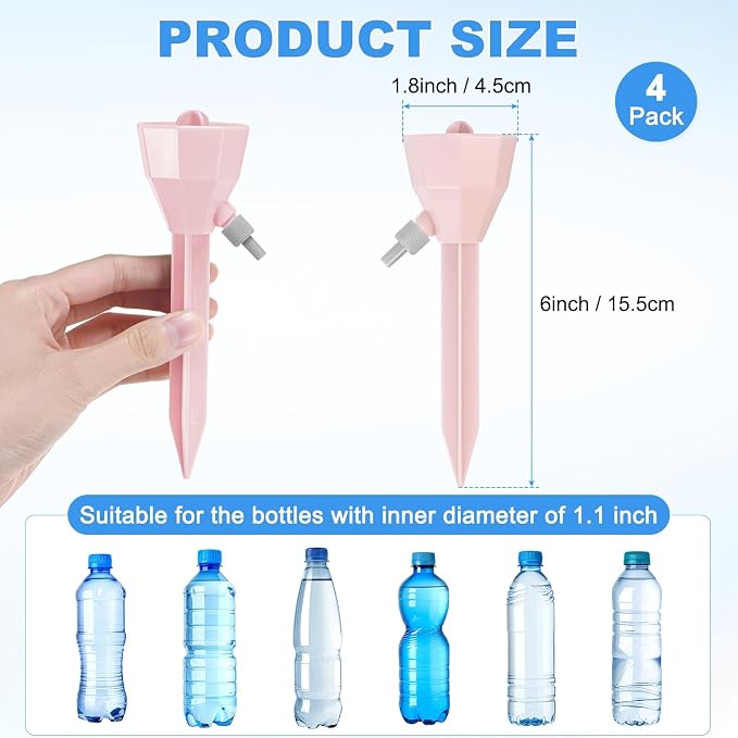 M METERXITY 4-Pack Self Watering Spikes for Plants, 5.3 Inch Plastic Plant Watering Devices with 4 Stoppers for Indoor/Outdoor Pots, Garden Water Planter System [Pink]