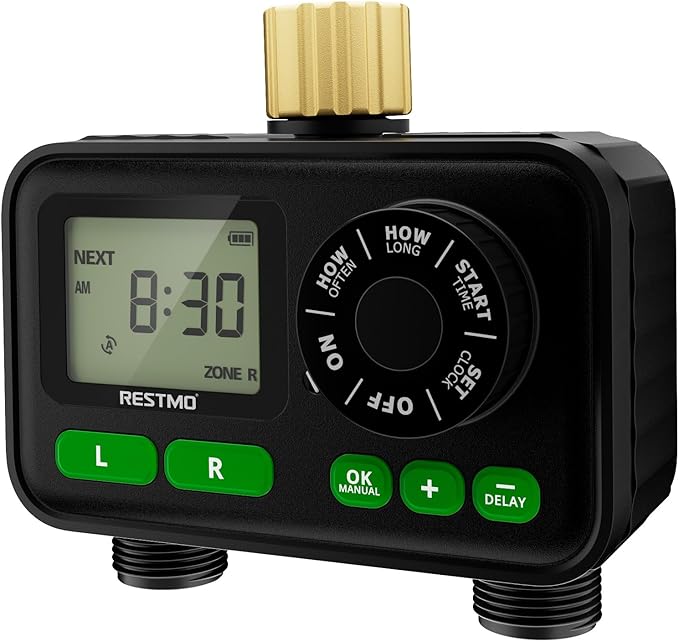 RESTMO 2 Zone Programmable Sprinkler Timer for Outdoor Hose Faucet, Automatic Irrigation Timer with Brass Inlet & Large Dial, Rain Delay, 11h59m Max Run Time, for Garden Soaker Hose, Lawn Watering