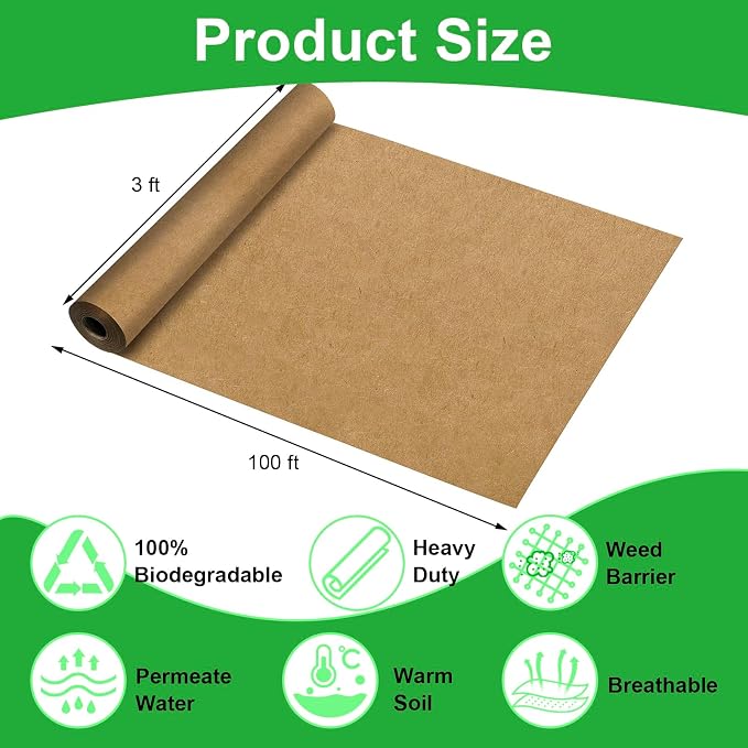 Biodegradable Paper Weed Barrier Roll, Thickened Tear Resistance Garden Weed Barrier Heavy Duty Garden Paper Weed Control Landscape Paper Mulch Weed Mat for Outdoor Garden Lawn (3 x 100 FT)