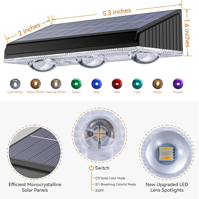 Solar Fence Lights Outdoor 12 Pack, Upgraded Brightness 3X LED Lens Fence Lights Solar Powered,9 Fixed Colors & RGB Lights, IP65 Waterproof Solar Lights for Outside Backyard/Railing/Step/Patio