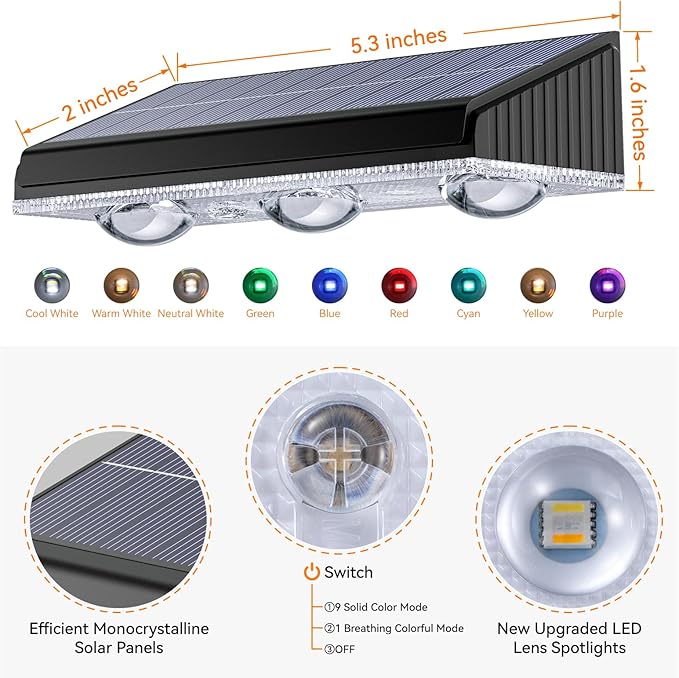 Solar Fence Lights Outdoor 6 Pack, Upgraded Brightness 3X LED Lens Fence Lights Solar Powered, 9 Fixed Colors & RGB Lights,IP65 Waterproof Solar Lights for Outside Backyard/Railing/Step/Patio