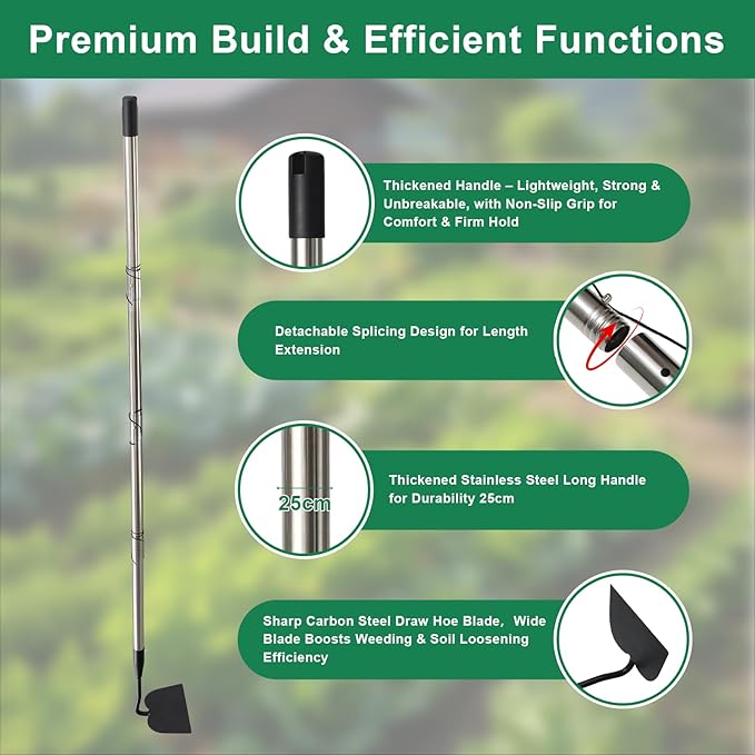 Garden hoe heavy duty for weeding，Hoe garden tool 37.8''-66.1'' Adjustable with 7.1inch Wide Welded Blade，Hoes for gardening with Long Stainless Steel Handle for Digging Loosening Weeding Planting
