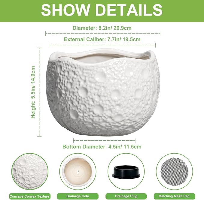 Ceramic Plant Pot - 8 Inch Round Planter with Drainage Hole, Decorative Plant Pots for Indoor Outdoor Plants, Modern Unique Flower Pots, House Living Room Decor, Housewarming Gifts, White