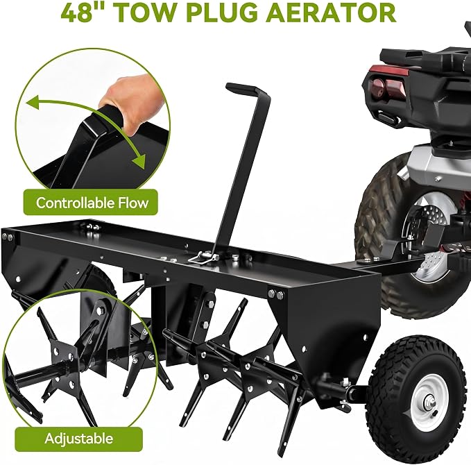 AUTOSAVER88 48" Tow Plug Lawn Aerator with Universal Hitch & Adjustable Handle for Lawn, Farm and Garden, Tow Behind Aerator with 32 Steel Tines & 10" Inflatable Wheels, Aerator Lawn Tool, Black