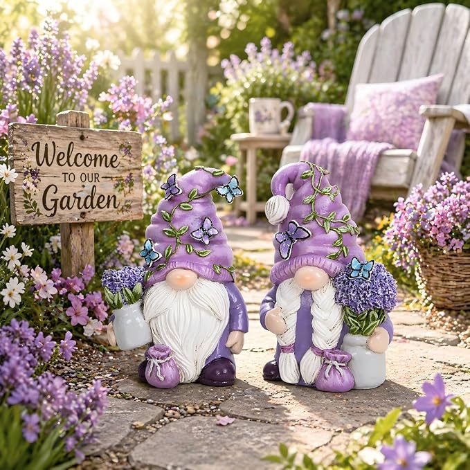 Hodao 2 Pcs Lavender Gnome Set – Spring & Summer Swedish Tomte Elf Figurines for Indoor Home Decor, Tiered Trays, Patios, Gardens for Mom, Grandma, Friends, Seasonal Decorations