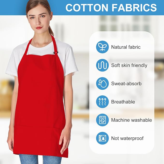 Jubatus 2 Pack 3 Pockets 100% Cotton Adjustable Bib Apron Chef Kitchen Cooking Aprons for Women Men, Red