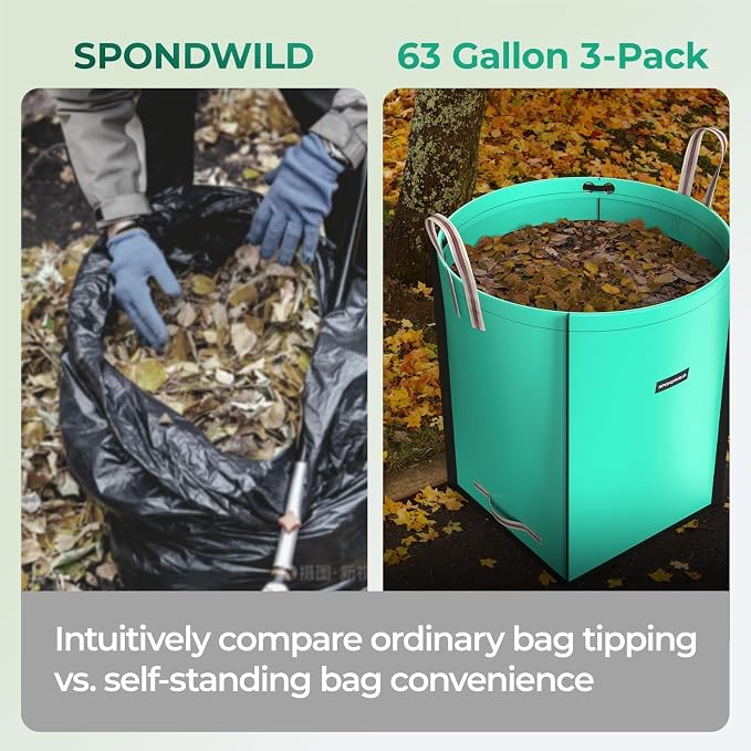 63 Gallon Reusable Yard Waste Bag - Durable PE Standable Lawn Leaf Bag with 4 Reinforced Handles, Collapsible Portable Garden Container for Leaves, Yard Waste, Garden Debris (Green)