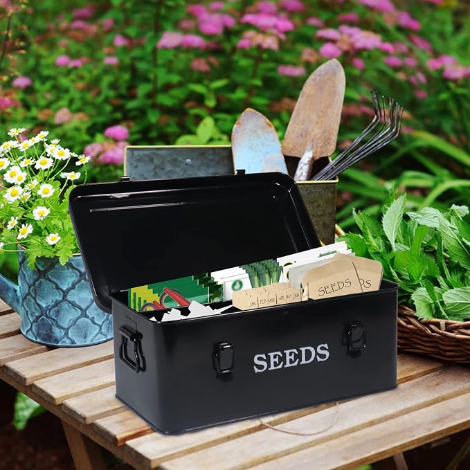 Seed Storage Box Metal Seed Container Seed Packet Storage Organizer, Seed Storage Container with Lid Seed Envelope Storage Box-4 Compartments Garden Seed Box with Safety Locks-Black