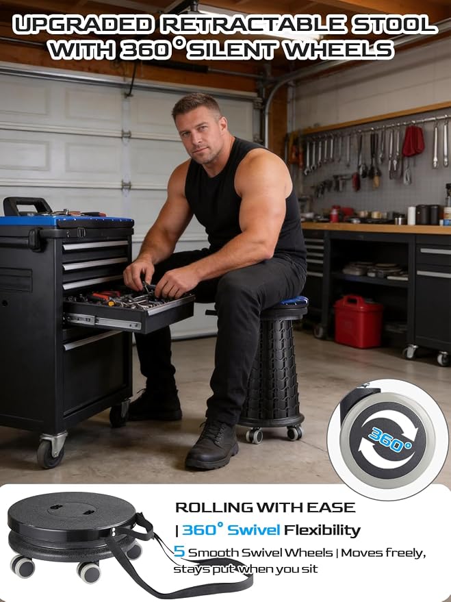 2026 Upgraded 3XL Rolling Collapsible Stool with Wheels | 1000lbs Capacity, 24-in Taller & 13-in Wider Retractable Stool for Adults, Thick Swivel Cushion & 5 Silent Casters, for Home, Garage, Kitchen