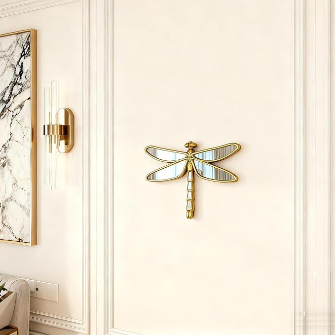 Decorative Golden Dragonfly Wall Mirror, Plastic Frame with Mirrored Wings (12.4 x 9.3 inches)