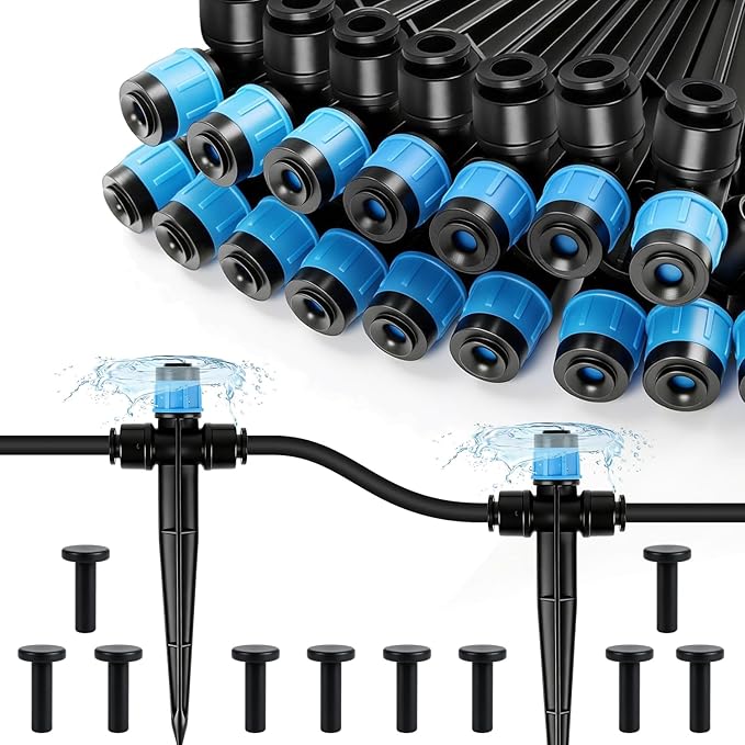 20 Pack Quick Connect 1/4 Inch Drip Irrigation Emitters, 1/4'' Drip in-line Pass Through Vortex Emitters Adjustable 360 Degree Dripline Stake Emitter with 10 Plugs for DIY Sprinkler Systems