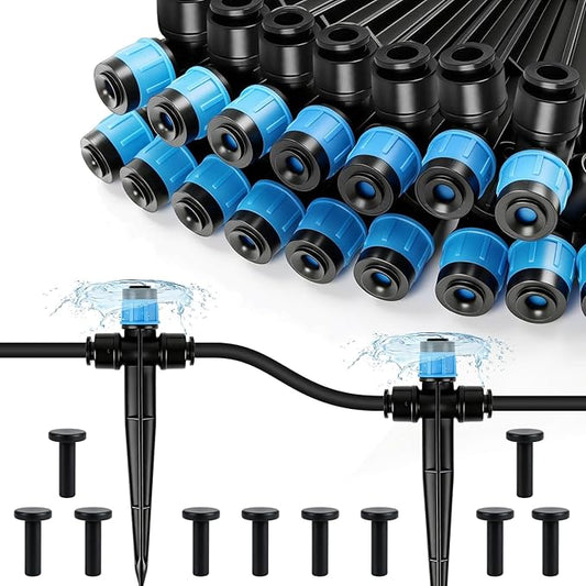 20 Pack Quick Connect 1/4 Inch Drip Irrigation Emitters, 1/4'' Drip in-line Pass Through Vortex Emitters Adjustable 360 Degree Dripline Stake Emitter with 10 Plugs for DIY Sprinkler Systems