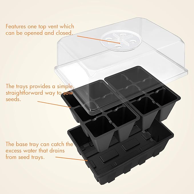Gardzen 20 Pack Seed Starting Tray, Plant Germination Trays, Seed Starter Kit with Adjustable Humidity Vented Dome for Indoor&oOutdoor Use, Plant Growing Kit 6.6" x 4.5", Total 240-Cell, Black