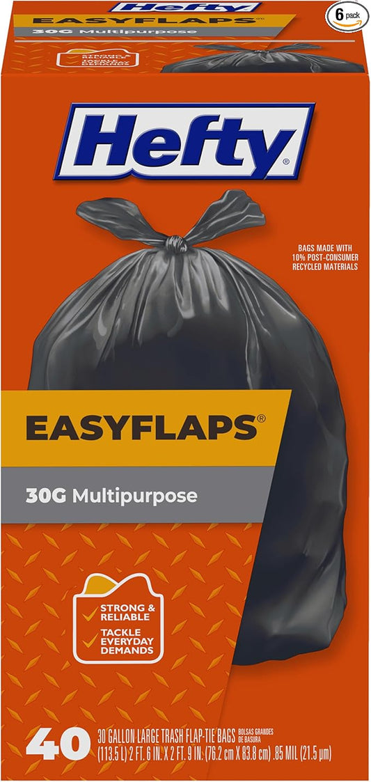 Hefty Easy Flaps Multipurpose Large Trash Bags, 30 Gallon, 40 Count (Pack of 6)