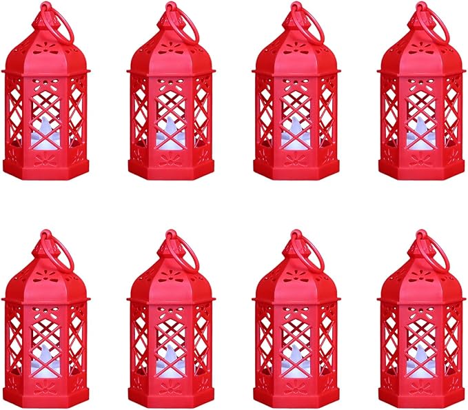 8-Pack Mini Lanterns for Ramadan, Christmas, Small Decorative Lanterns with Flickering LED Candle for Enchanted Forest Wedding, Moroccan Lantern for Table Centerpiece, Medieval Decor, Red