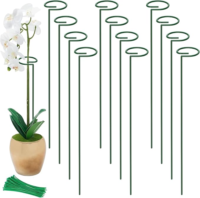 Unves 16" Tall Plant Support Stakes, 12 Pack Garden Flower Plant Stakes Single Stem, Garden Plant Support Cages Rings for Amaryllis Orchid Peony Rose, with 100 Pcs Twist Ties