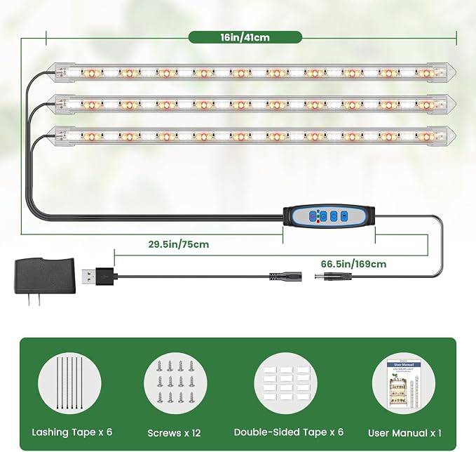 Kullsinss LED Grow Light Strip, 180 LEDs Grow Lights for Indoor Plants Full Spectrum 3000K/6000K/660nm Sunlike Plant Light for Indoor Growing with 3 Spectrum Modes, 16 Inches