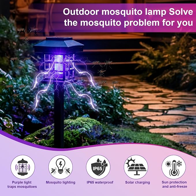 4 Pcs Solar Bug Zapper Outdoor Waterproof 2 in 1 Mosquito Zapper Solar Powered Mosquito Fly Trap Repellent Lamp Kills Bugs LED Lamp Warm Purple Light for Garden Yard Lawn (Black Warm Purple)