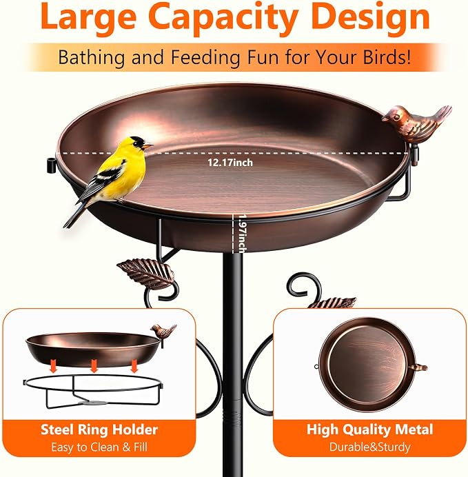 50" Tall Metal Bird Bath for Outside - Removable Birdbath Bowl with Stable 5-Prong Auger Base, Easy Clean Garden Yard Patio Lawn Decor, Rust-Proof