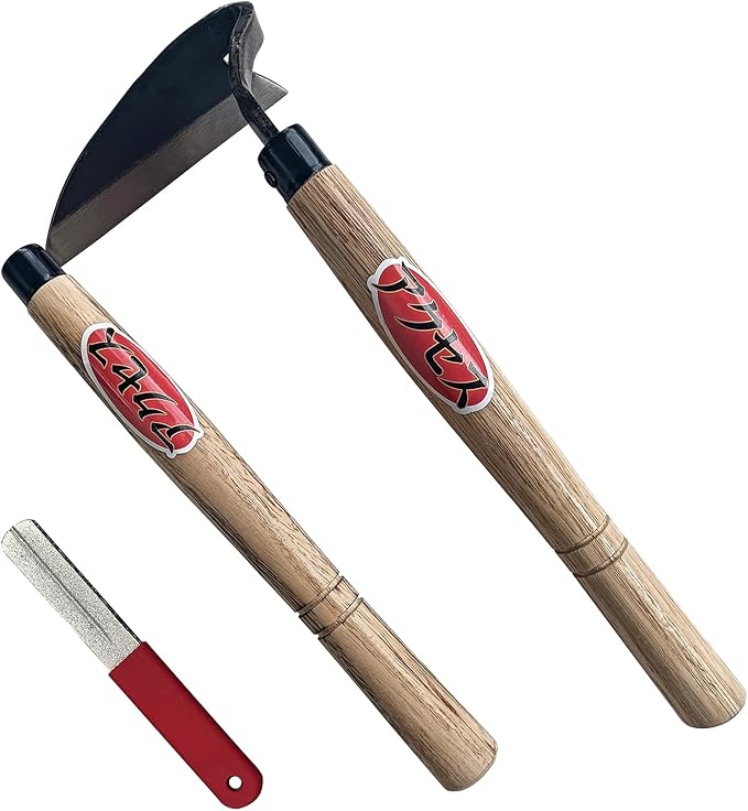 Japanese Garden Hand Hoe Sickle, Hand Weed Puller with Replacement Wooden Handle, Gardening Sickle for DIY Yard Work (Right-Handed)