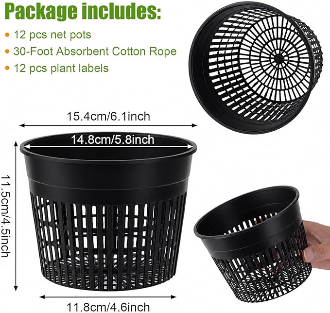 Net Cups Hydroponics 12 Pack 6 Inch Mesh Net Pots with 30 Ft Wick Cord & 12 Plant Labels, Slotted Cups for Healthy Root Growth, Indoor Hydroponic Growing & Aquaponics Systems