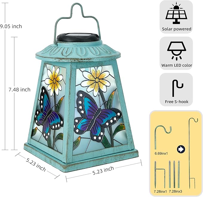 Butterfly Solar Lantern with Shepherd Hook, Outdoor Hanging Metal LED Garden Light Waterproof for Patio Yard Pathway, Butterfly Lantern Decor and Christmas Holiday Gift for Mom Grandma Women | Butterfly metal solar lantern with shepherd hook, S-hook, I...
