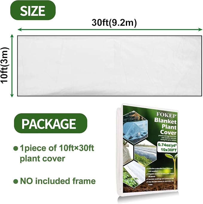 10Ft x 30Ft Plant Covers Freeze Protection, Reusable Frost Cover Plants Blanket for Winter, Floating Row Fabric Cover for Vegetables, Insect Protection, Sunscreen, Season Extension, 0.74oz/yd²