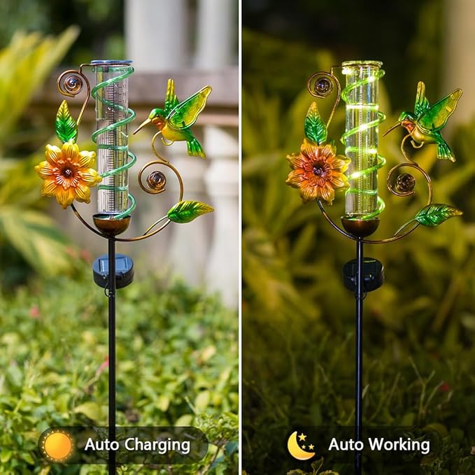 Rain Gauge Outdoor, Solar Rain Gauges for Yard, Hummingbird Freeze Proof Rain Gauge with 7" Plastic Tube, Metal Decorative Water Gauge with Led Light