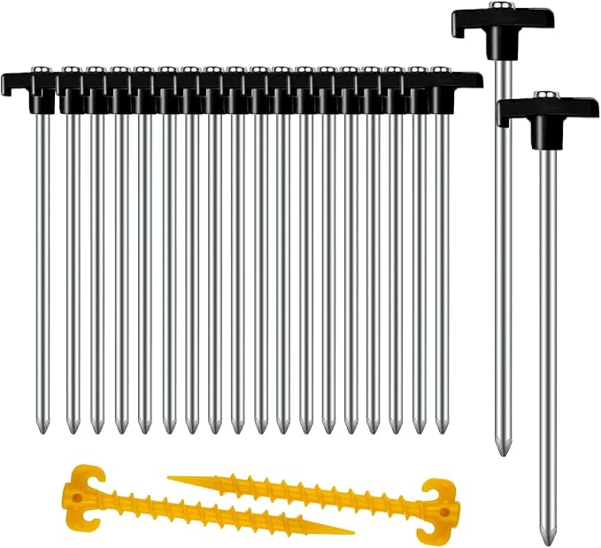 Tent Stakes Heavy Duty Camping Stakes,AVOFOREST 9.8inch Non-Rust Metal Tent Pegs Ground Stakes Tent Spikes Camping,Garden,Hiking Black (Black 20+2pcs, 10IN)