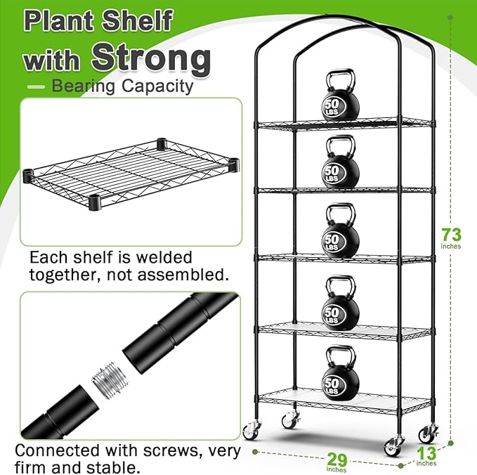 5-Tier Greenhouse with Caster Wheel, Each Shelf Height Adjustable Metal Plant Shelf with PVC Cover for Seed Starting Trays, Seedling Pots, Plant Pots, 13x29x73inch