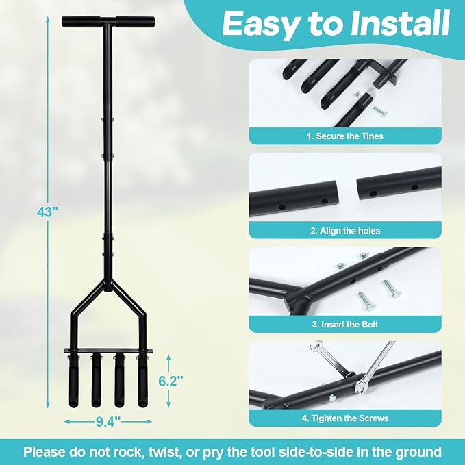 Lawn Core Aerator with 4 Detachable Hollow Tines, Pre-Assembled Manual Plug Aerator Tool with T-Handle & Foot Bar, Grass Soil Aerator for Lawn Yard Aeration & Soil Loosening