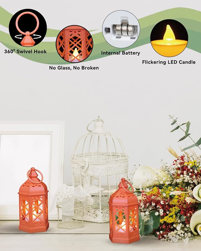 8-Pack Mini Lanterns for Ramadan, Halloween, Christmas, Small Lanterns with Flickering LED Candle for Enchanted Forest Wedding, Moroccan Lantern for Table Centerpiece, Medieval Decor, Orange