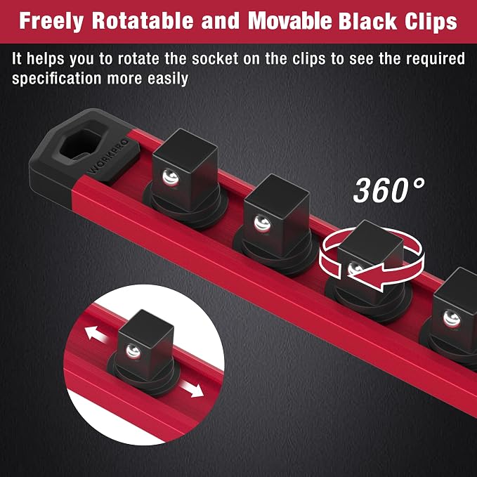 WORKPRO Magnetic Socket Organizer, 1/2-Inch Drive Aluminum Alloy Sockets Rail, Heavy Duty Sockets Holder, Socket Rack Kit 1/2-Inch x 10 Clips (Red)