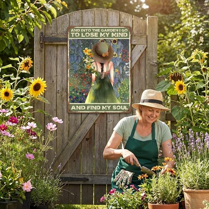 "Into The Garden I Go To Lose My Mind And Find My Soul" Metal Sign, Retro Gardener Girl Poster, 8x12 Inch Outdoor Garden Decor for Yard Fence Patio, Spiritual Gardening Gift for Women