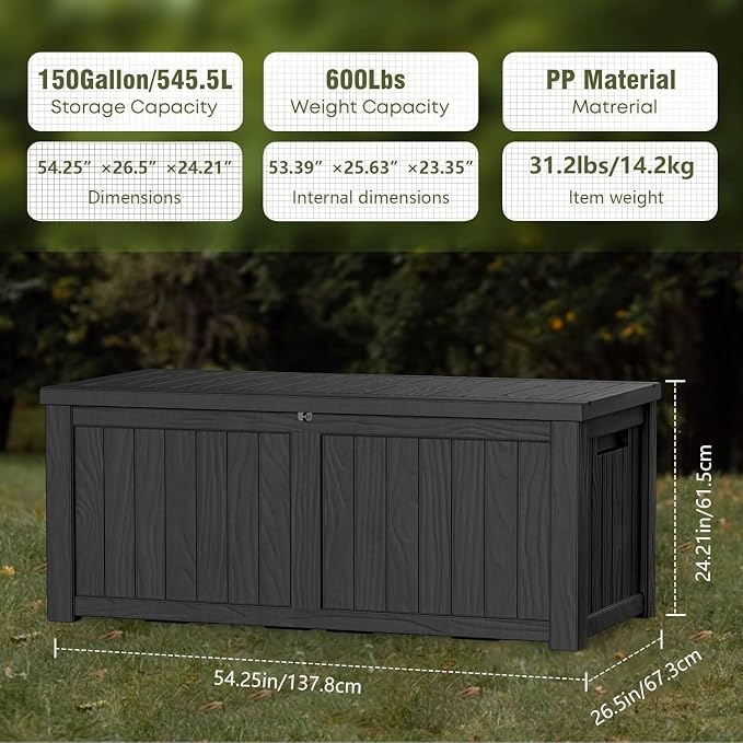 TARKARI 150 Gallon Resin Deck Box, Waterproof Outdoor Storage Box, Lockable for Patio Furniture, Garden Tools, Pool Accessories, UV-Resistant for All Weather Use, Black