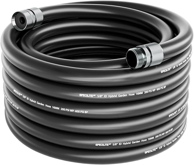 SPECILITE Garden Hose 50 ft x 5/8 in, Custom-Length Water Pipe, Heavy Duty & Flexible Hybrid Rubber Hoses, No Kink, with 3/4'' Male to Female Fittings, Burst 600 PSI, for Yard, Car Wash, Farm, Reels
