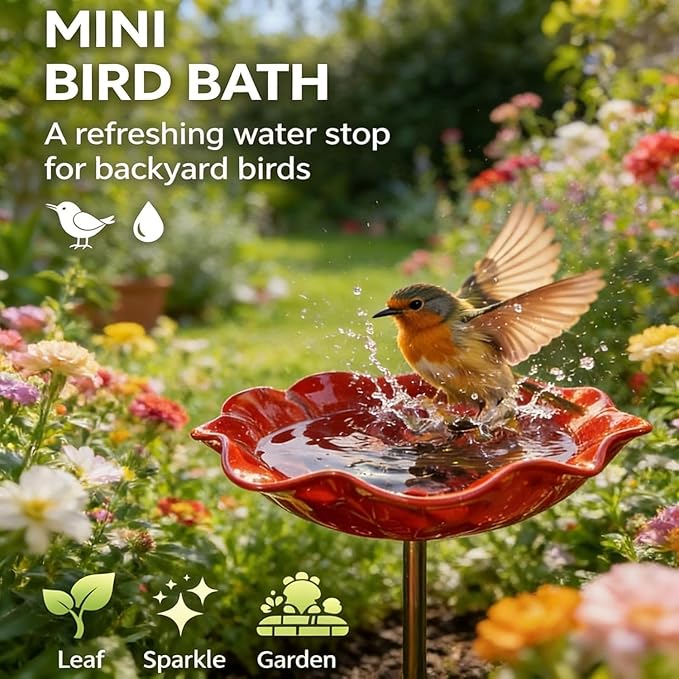 Metal Flower Garden Stakes Bird Bath Handmade, Bee Watering Station, Bees Bath for Garden Metal Bee Water Feeder with Flower Design, Colorful Butterfly Bees Bath Bowl for Outdoor Yard Decor